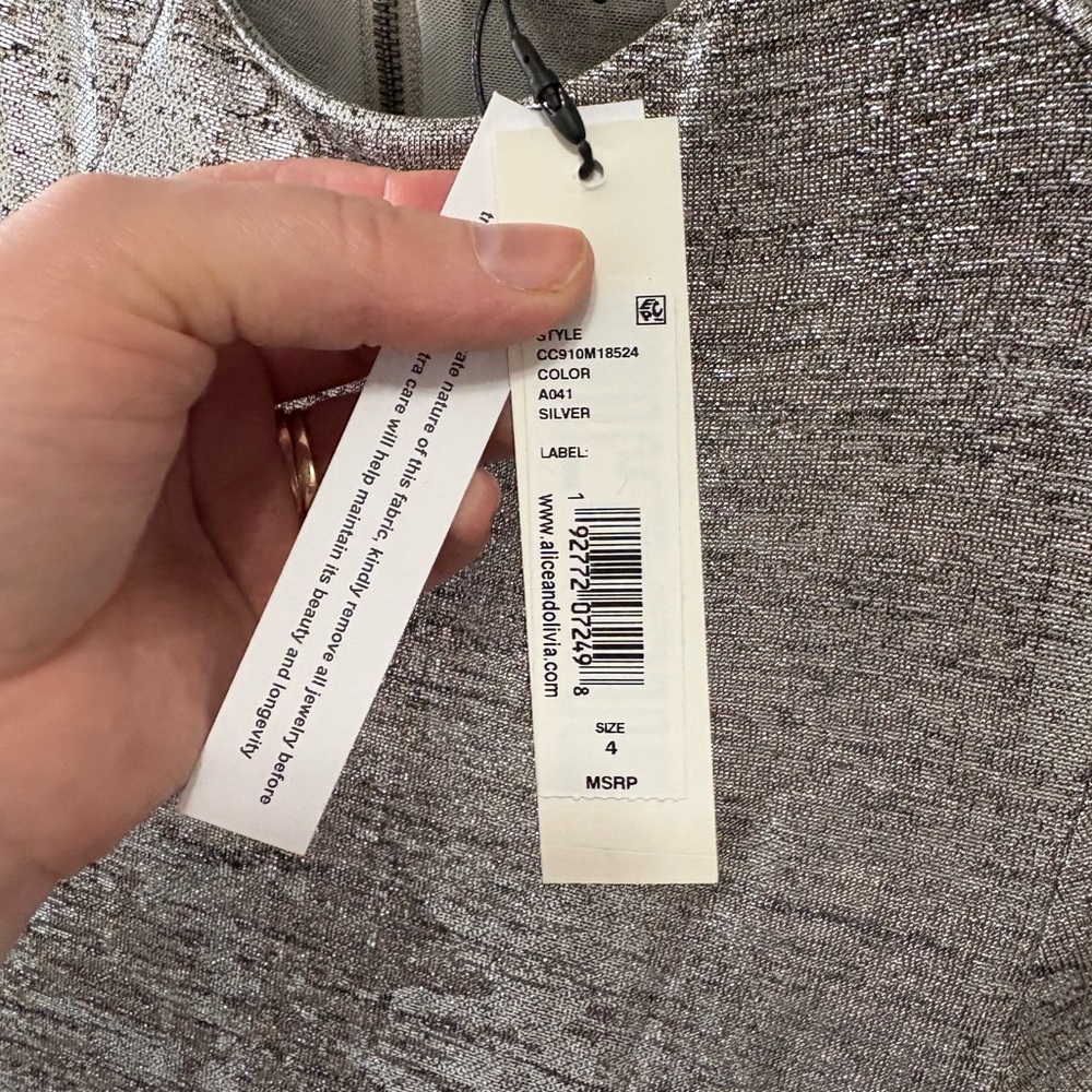 Alice + Olivia Delora Shimmering Fitted Mock Silver Midi Dress - Picture 9 of 12